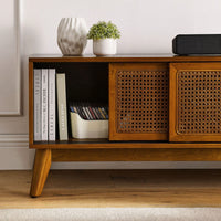 59 Inch Rattan TV Stand Mid Century Modern Entertainment Cabinet for 65 Inch TVs Solid Wood Feet Media Console