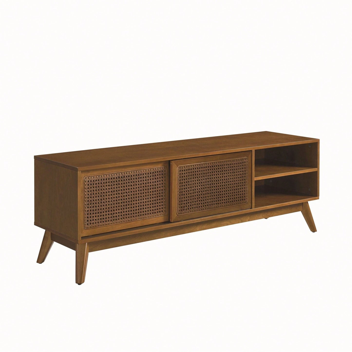 59 Inch Rattan TV Stand Mid Century Modern Entertainment Cabinet for 65 Inch TVs Solid Wood Feet Media Console