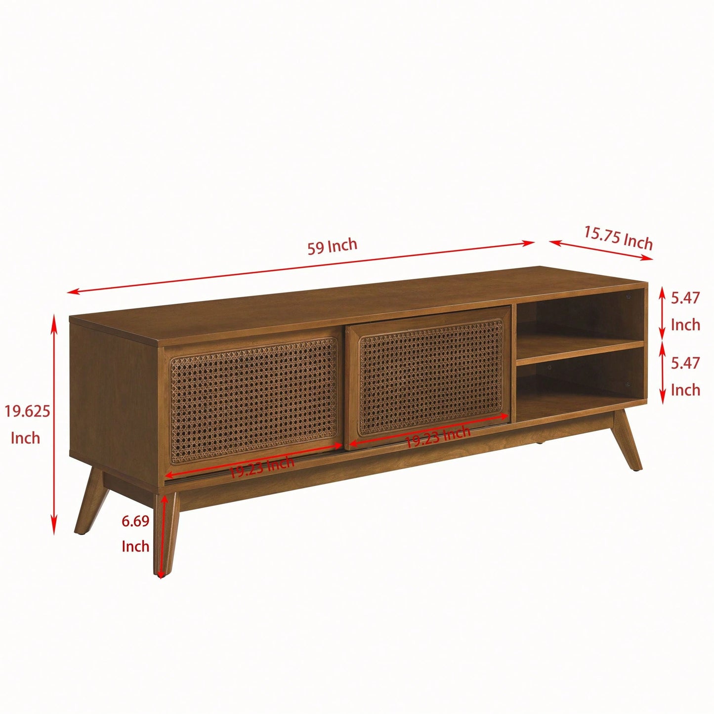 59 Inch Rattan TV Stand Mid Century Modern Entertainment Cabinet for 65 Inch TVs Solid Wood Feet Media Console