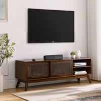 59 Inch Rattan TV Stand Mid Century Modern Entertainment Cabinet for 65 Inch TVs Solid Wood Feet Media Console