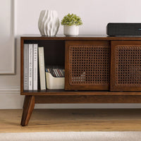 59 Inch Rattan TV Stand Mid Century Modern Entertainment Cabinet for 65 Inch TVs Solid Wood Feet Media Console