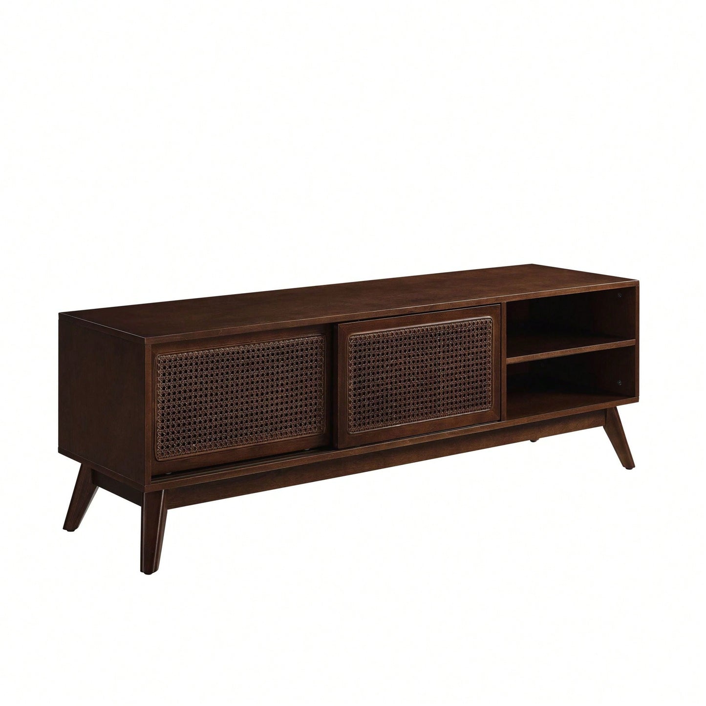 59 Inch Rattan TV Stand Mid Century Modern Entertainment Cabinet for 65 Inch TVs Solid Wood Feet Media Console