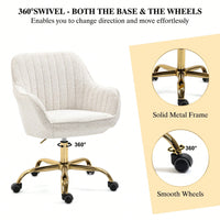 360° Beige Boucle Fabric Swivel Chair With High Back, Adjustable Working Chair With Golden Color Base