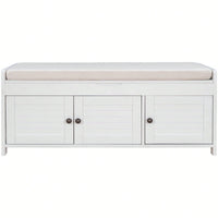 Storage Bench With 3 Shutter-Shaped Doors, Shoe Bench With Removable Cushion And Hidden Storage Space