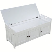 Storage Bench With 3 Shutter-Shaped Doors, Shoe Bench With Removable Cushion And Hidden Storage Space