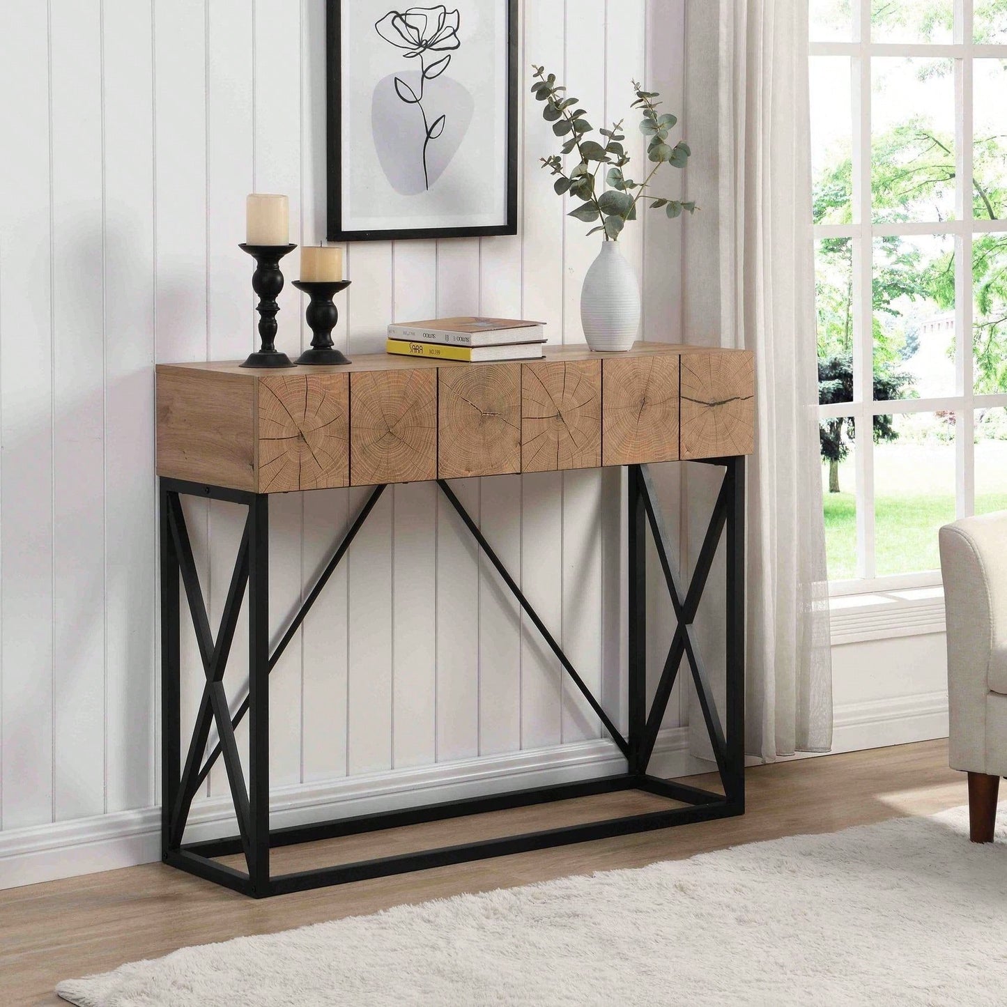 Luxury Wood Sofa Table, Industrial Console Table For Entryway, Hallway Tables With Two Drawers For Living Room