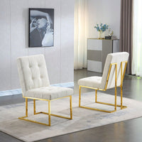 Modern Linen Dining Chair Set Of 2, Tufted Design And Gold Finish Stainless Base (White)