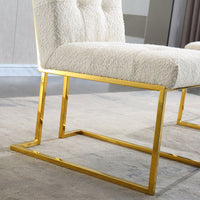 Modern Linen Dining Chair Set Of 2, Tufted Design And Gold Finish Stainless Base (White)