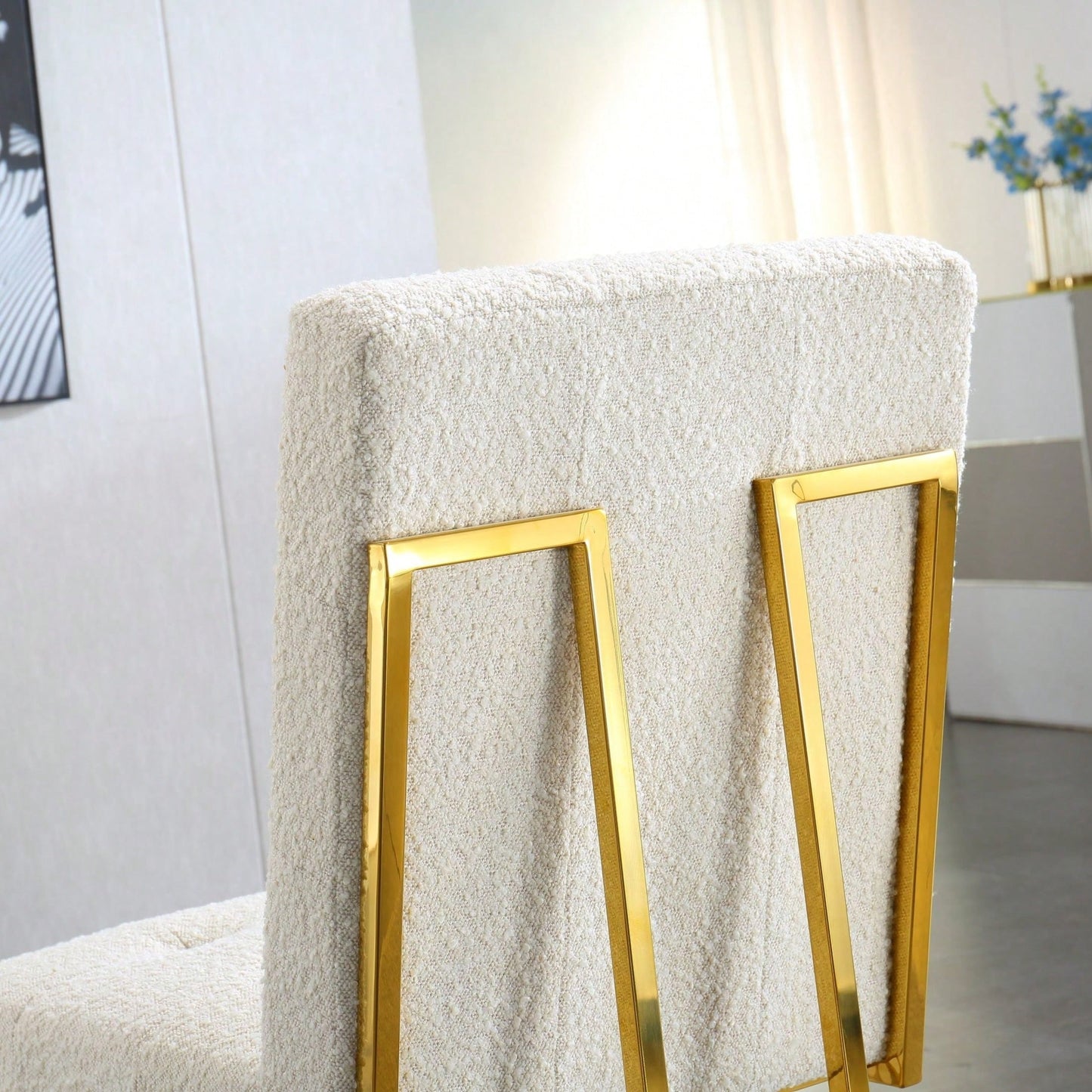 Modern Linen Dining Chair Set Of 2, Tufted Design And Gold Finish Stainless Base (White)