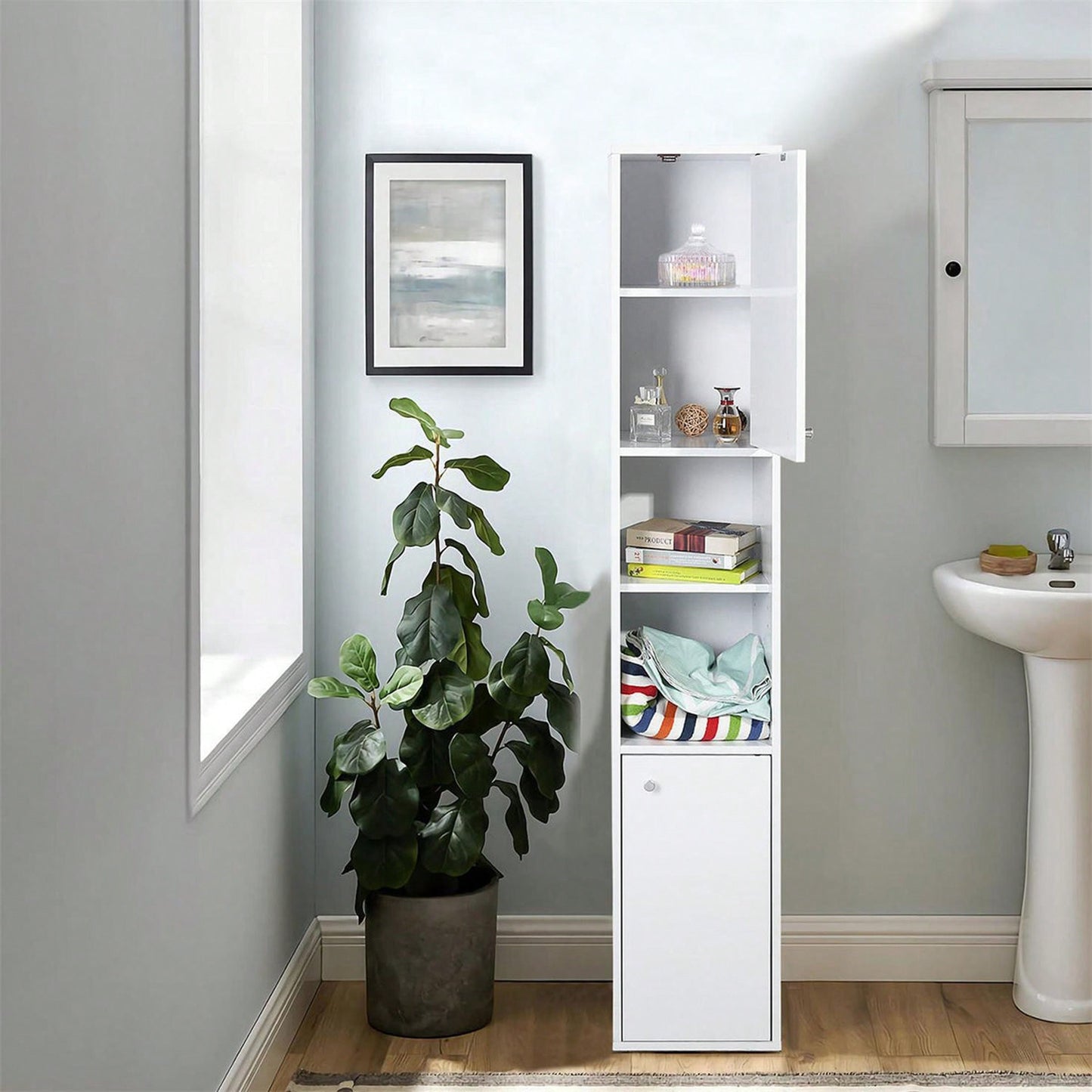 White Bathroom Storage Cabinet With Shelf Narrow Corner Organizer Floor Standing