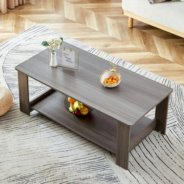 Stylish Walnut Textured Double Layer Coffee Table MDF Living Room 43.3x21.6x16.5 Inches