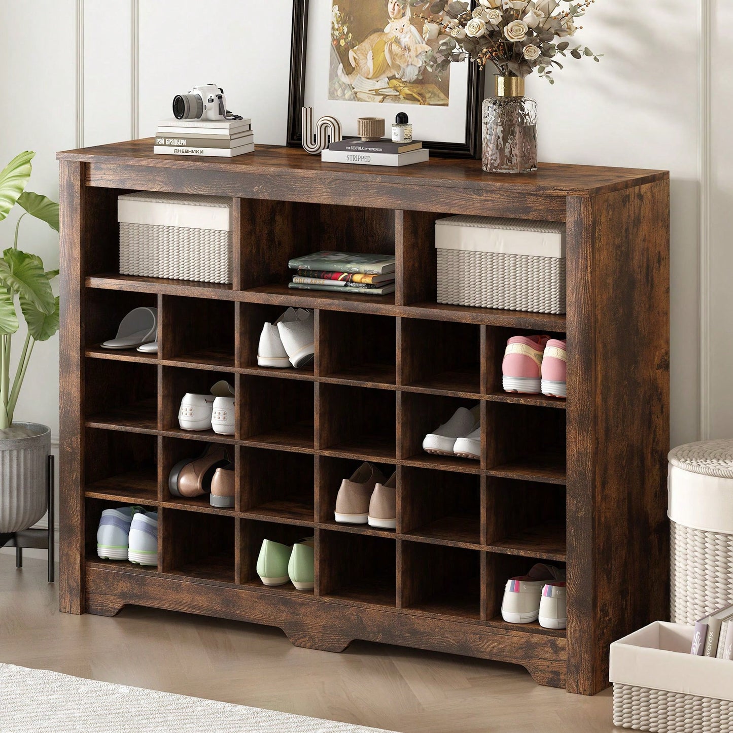 24 Shoe Cubby Console, Modern Shoe Cabinet With Curved Base, Versatile Sideboard  For Hallway, Bedroom, Living Room