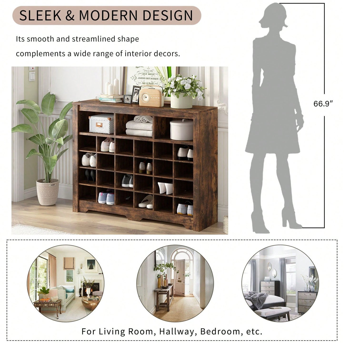 24 Shoe Cubby Console, Modern Shoe Cabinet With Curved Base, Versatile Sideboard  For Hallway, Bedroom, Living Room