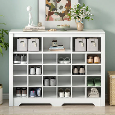 24 Shoe Cubby Console, Modern Shoe Cabinet With Curved Base, Versatile Sideboard  For Hallway, Bedroom, Living Room