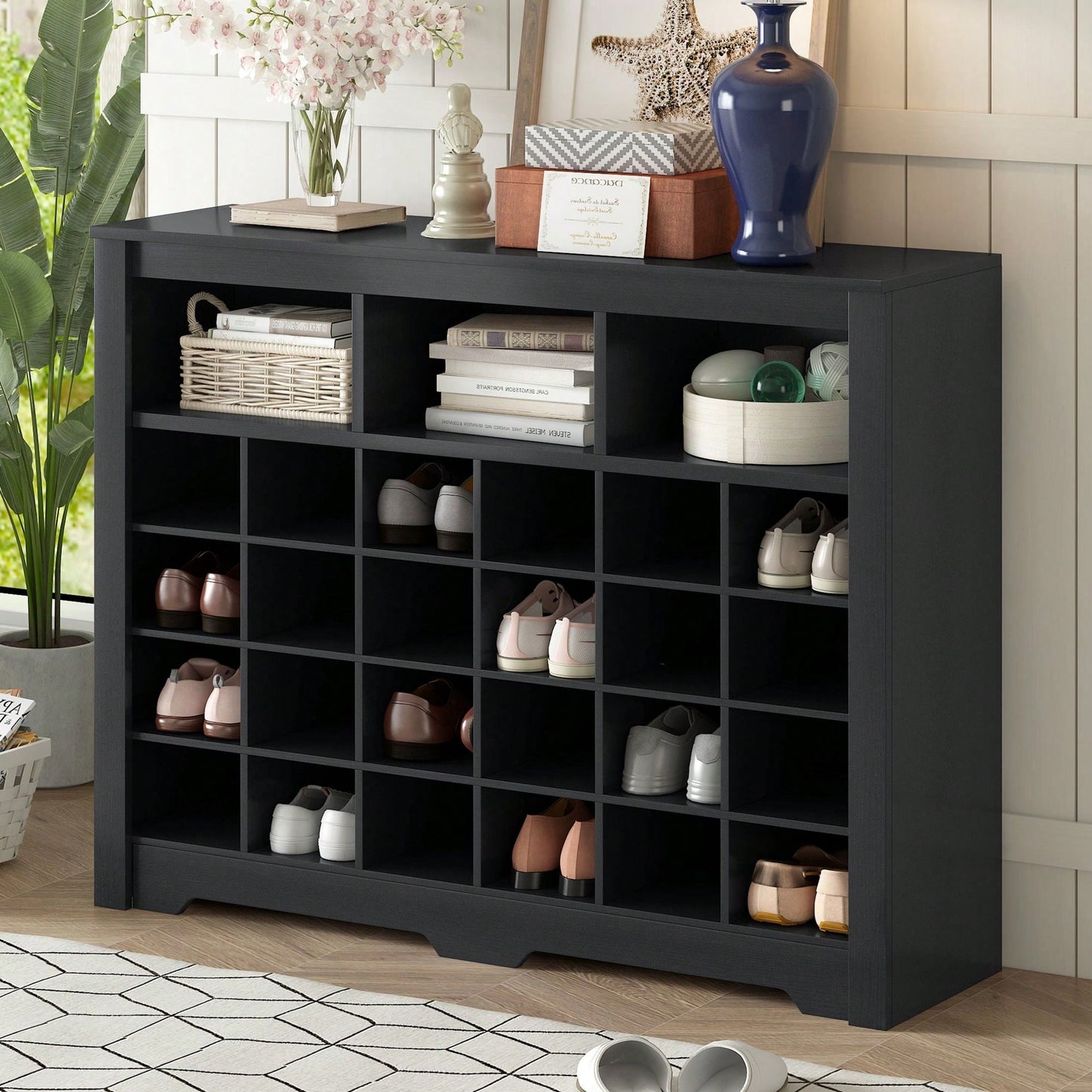 24 Shoe Cubby Console, Modern Shoe Cabinet With Curved Base, Versatile Sideboard  For Hallway, Bedroom, Living Room