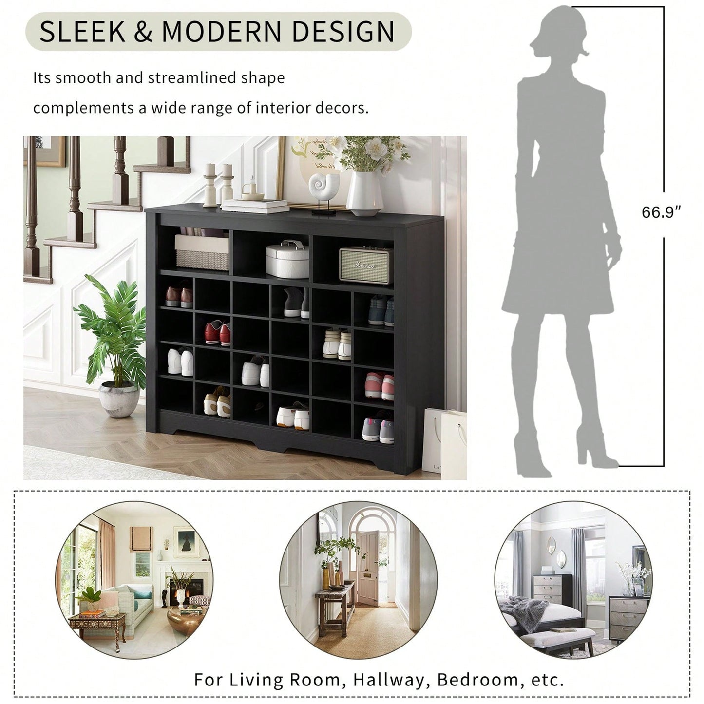 24 Shoe Cubby Console, Modern Shoe Cabinet With Curved Base, Versatile Sideboard  For Hallway, Bedroom, Living Room