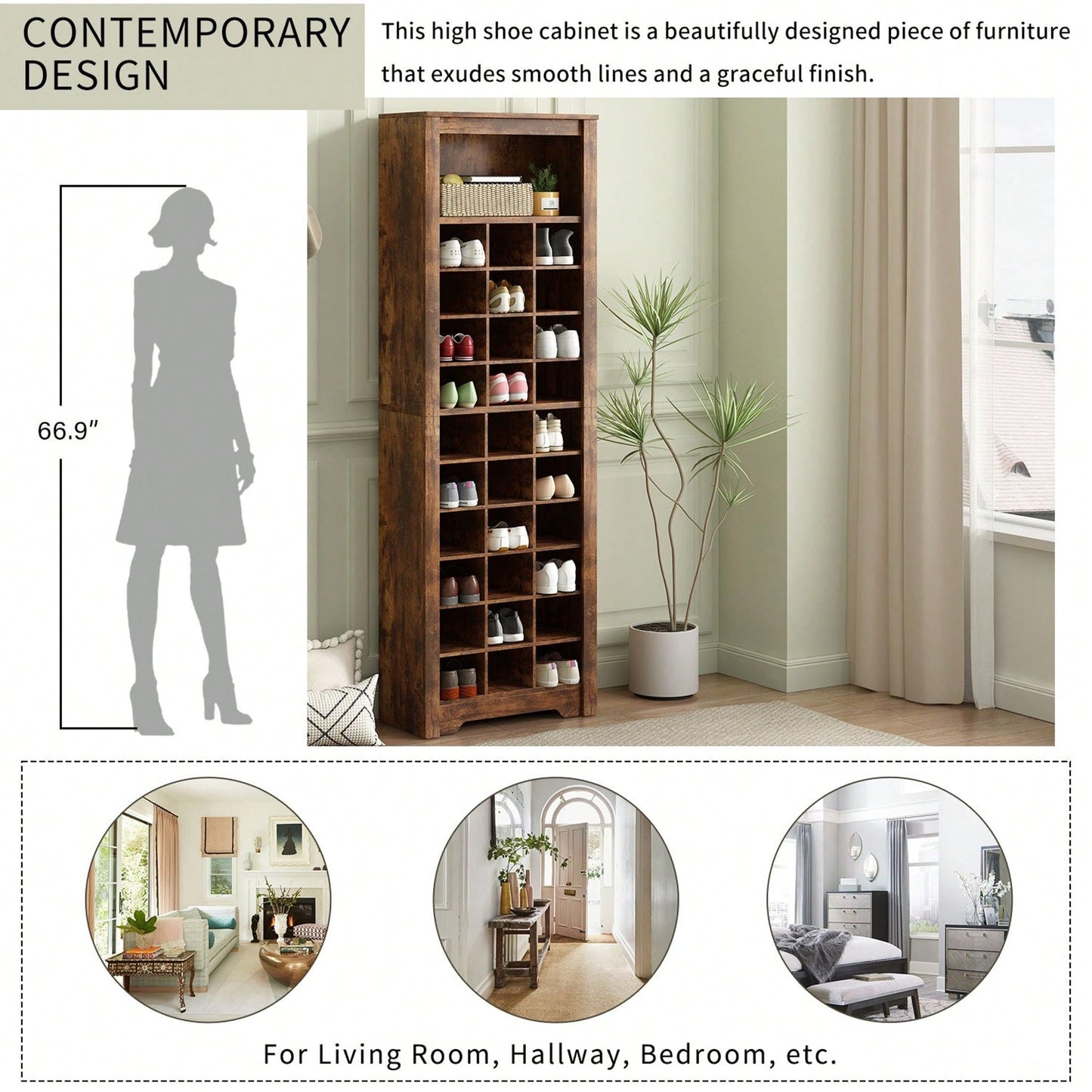 Contemporary 30 Shoe Cubby Console Tall Storage Cabinet for Hallway and Bedroom White