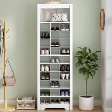 Contemporary 30 Shoe Cubby Console Tall Storage Cabinet for Hallway and Bedroom White