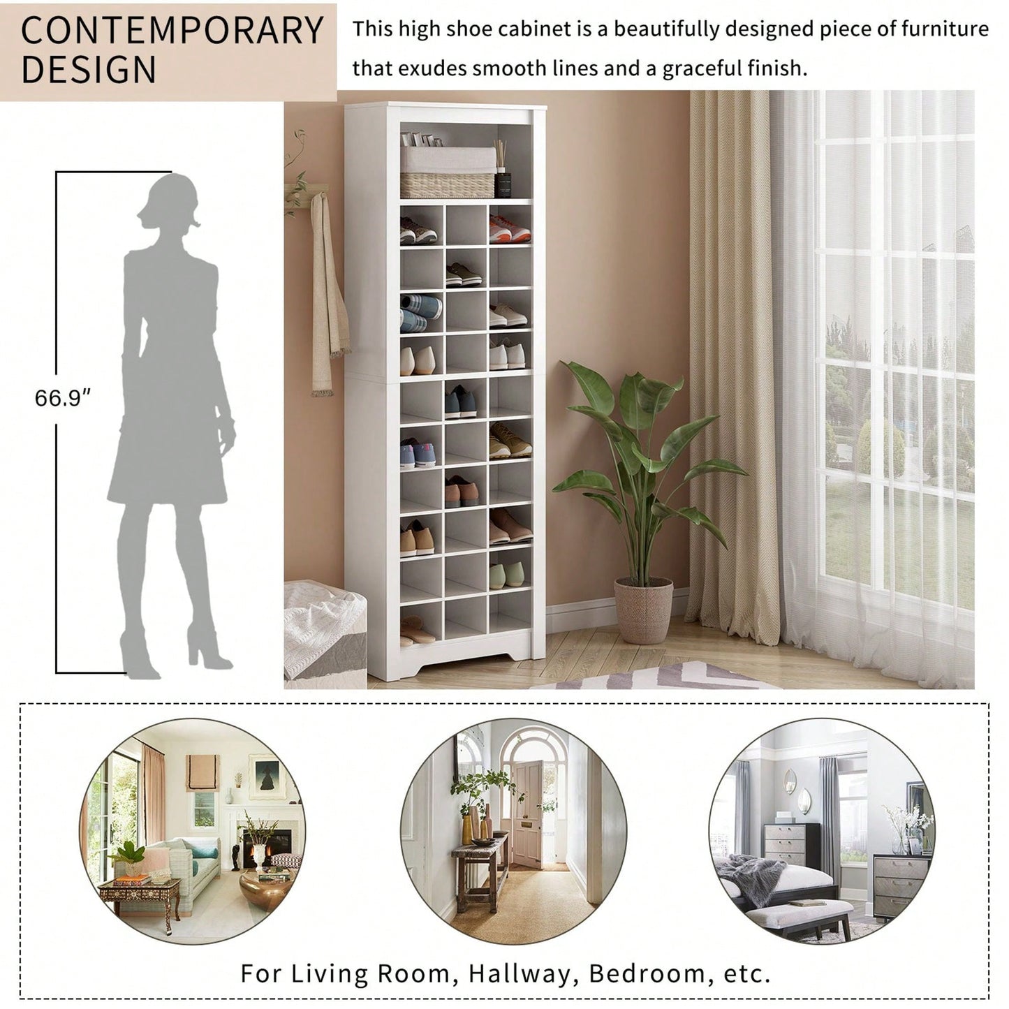 Contemporary 30 Shoe Cubby Console Tall Storage Cabinet for Hallway and Bedroom White