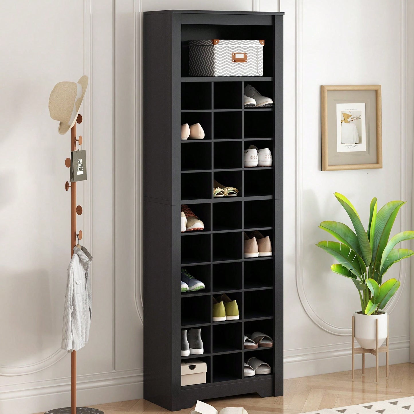 Contemporary 30 Shoe Cubby Console Tall Storage Cabinet for Hallway and Bedroom White