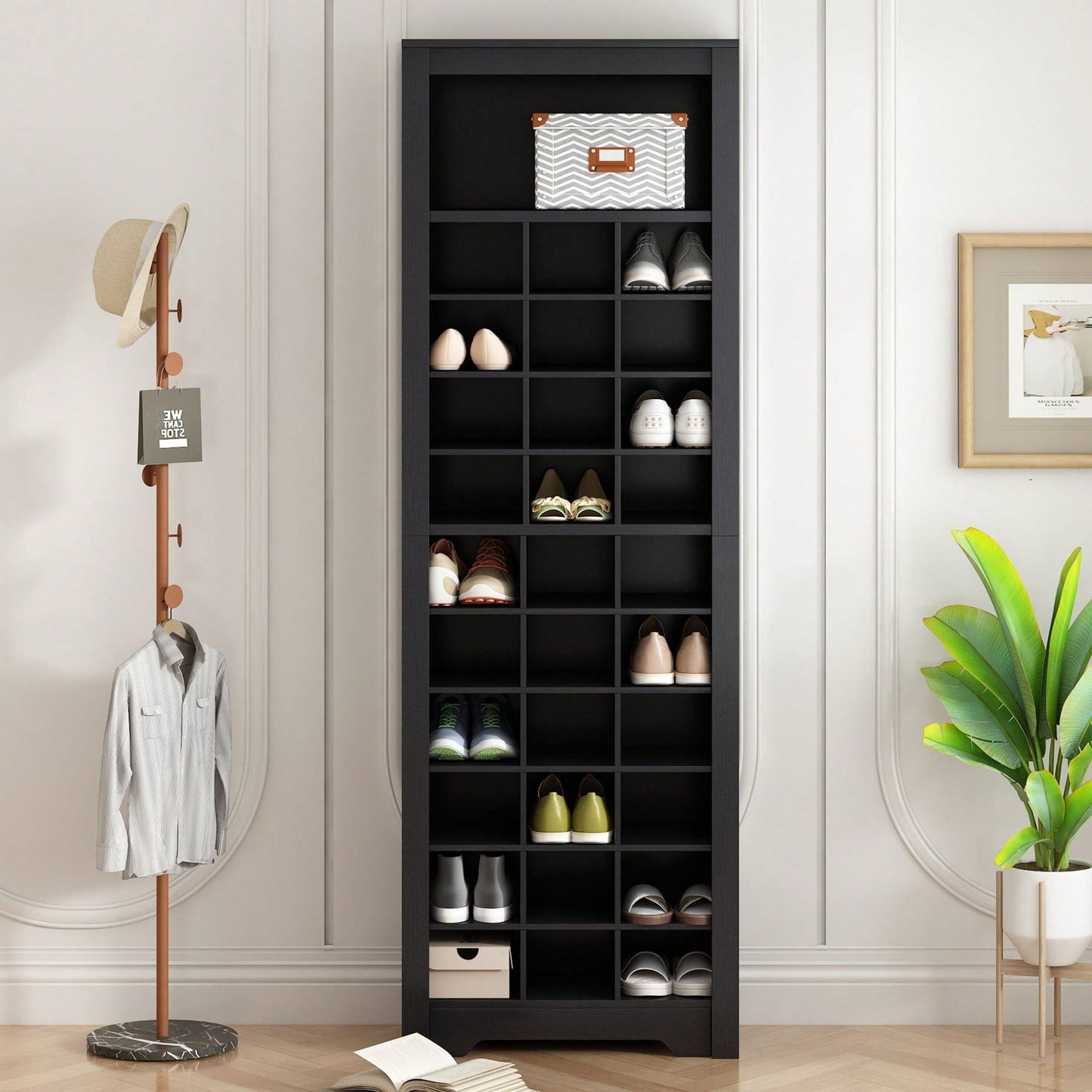 Contemporary 30 Shoe Cubby Console Tall Storage Cabinet for Hallway and Bedroom White