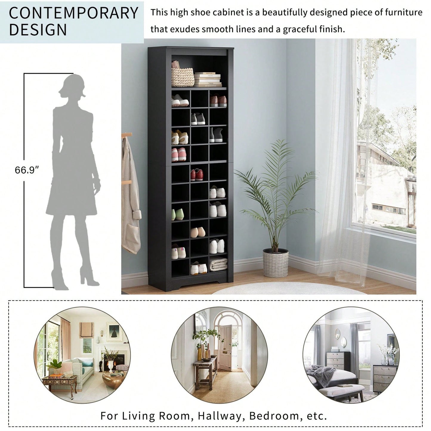 Contemporary 30 Shoe Cubby Console Tall Storage Cabinet for Hallway and Bedroom White