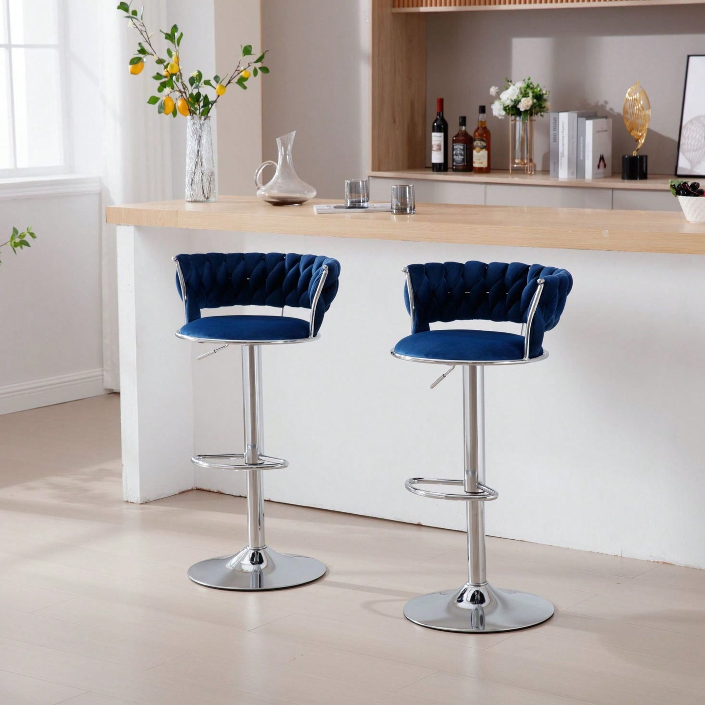 Set Of 2  Bar Stools,With Chrome Footrest And Base Swivel Height Adjustable Mechanical Lifting Velvet + Bar Stool