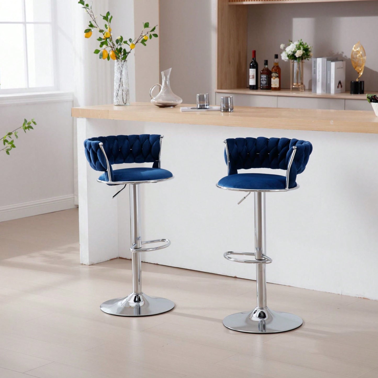 Set Of 2  Bar Stools,With Chrome Footrest And Base Swivel Height Adjustable Mechanical Lifting Velvet + Bar Stool