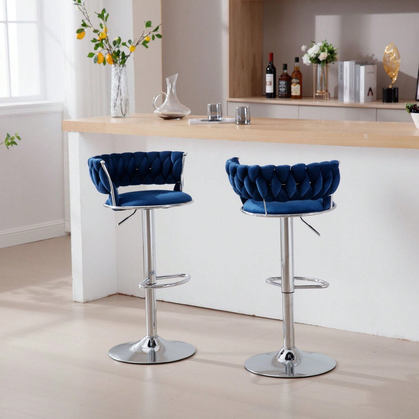 Set Of 2  Bar Stools,With Chrome Footrest And Base Swivel Height Adjustable Mechanical Lifting Velvet + Bar Stool