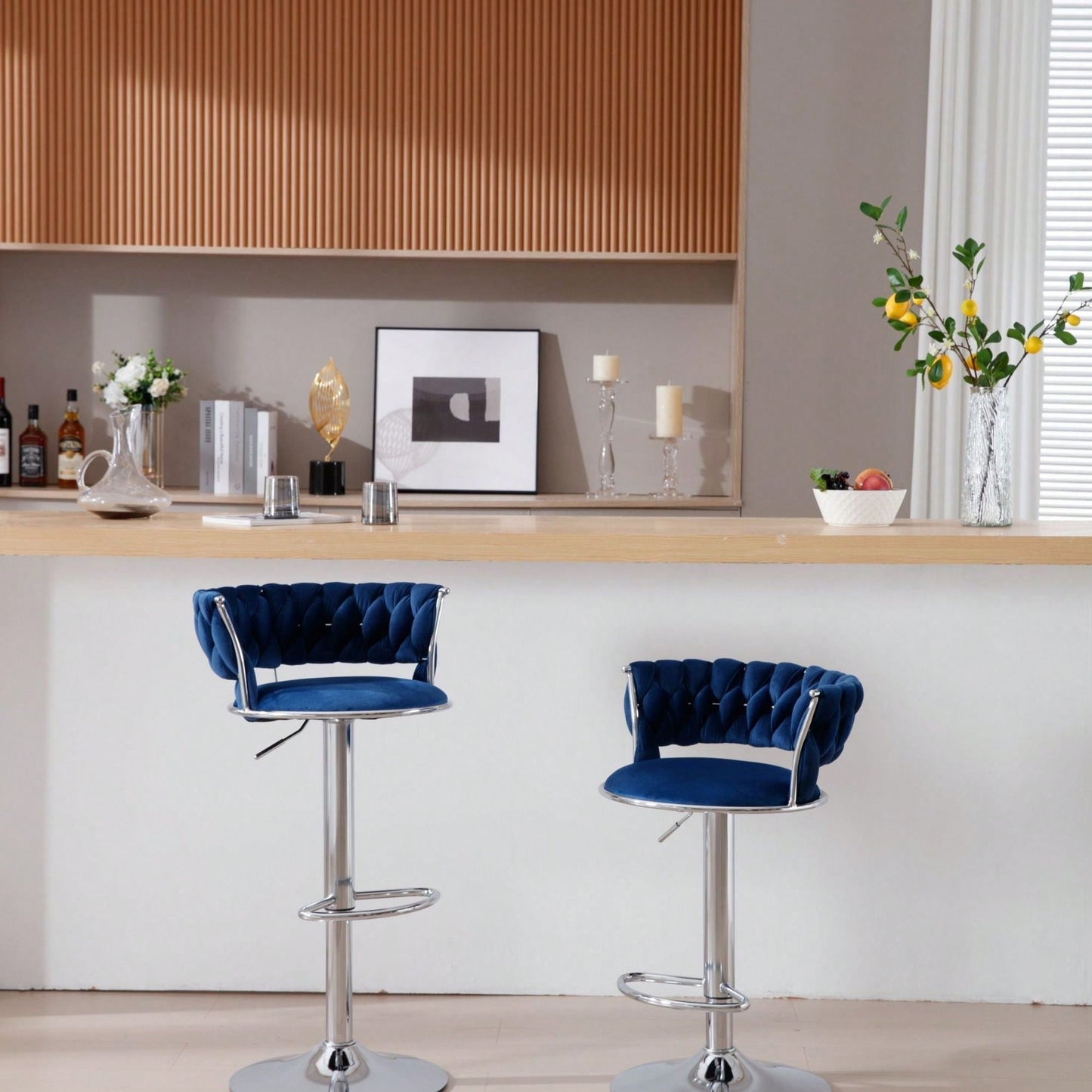 Set Of 2  Bar Stools,With Chrome Footrest And Base Swivel Height Adjustable Mechanical Lifting Velvet + Bar Stool