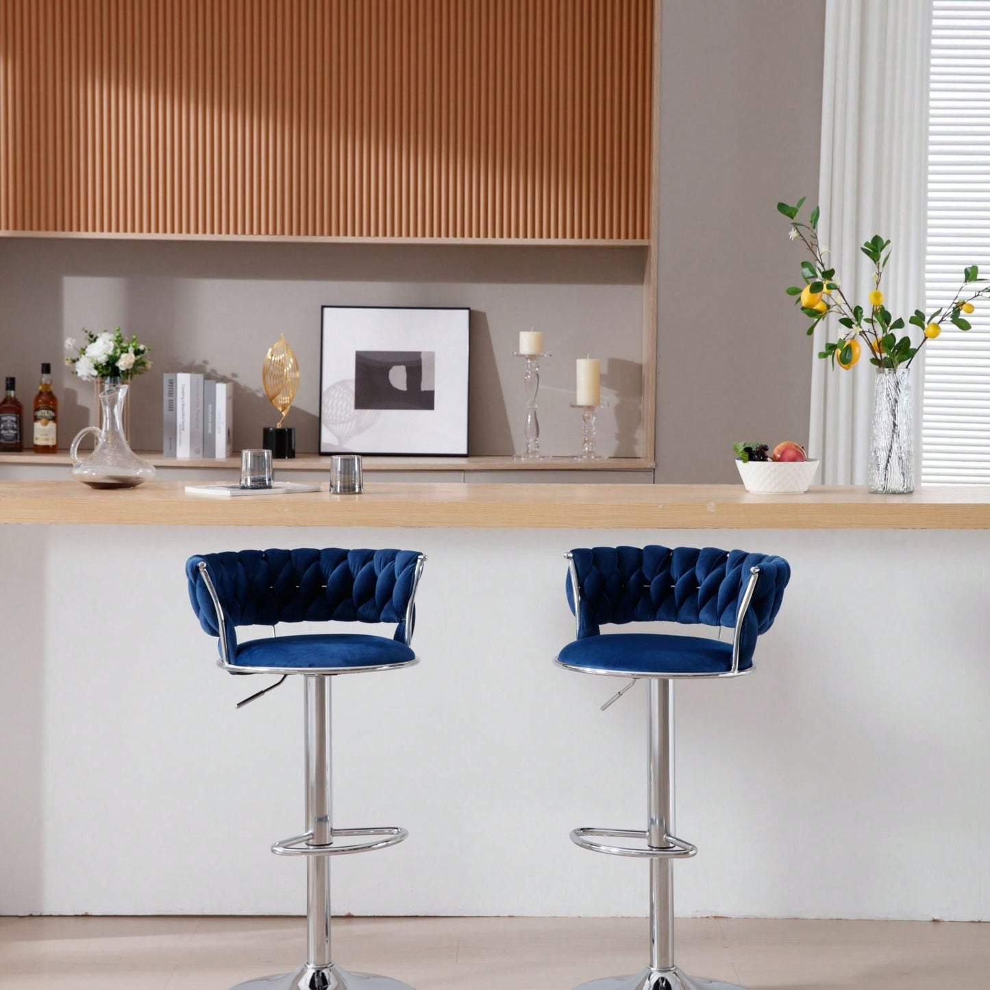 Set Of 2  Bar Stools,With Chrome Footrest And Base Swivel Height Adjustable Mechanical Lifting Velvet + Bar Stool