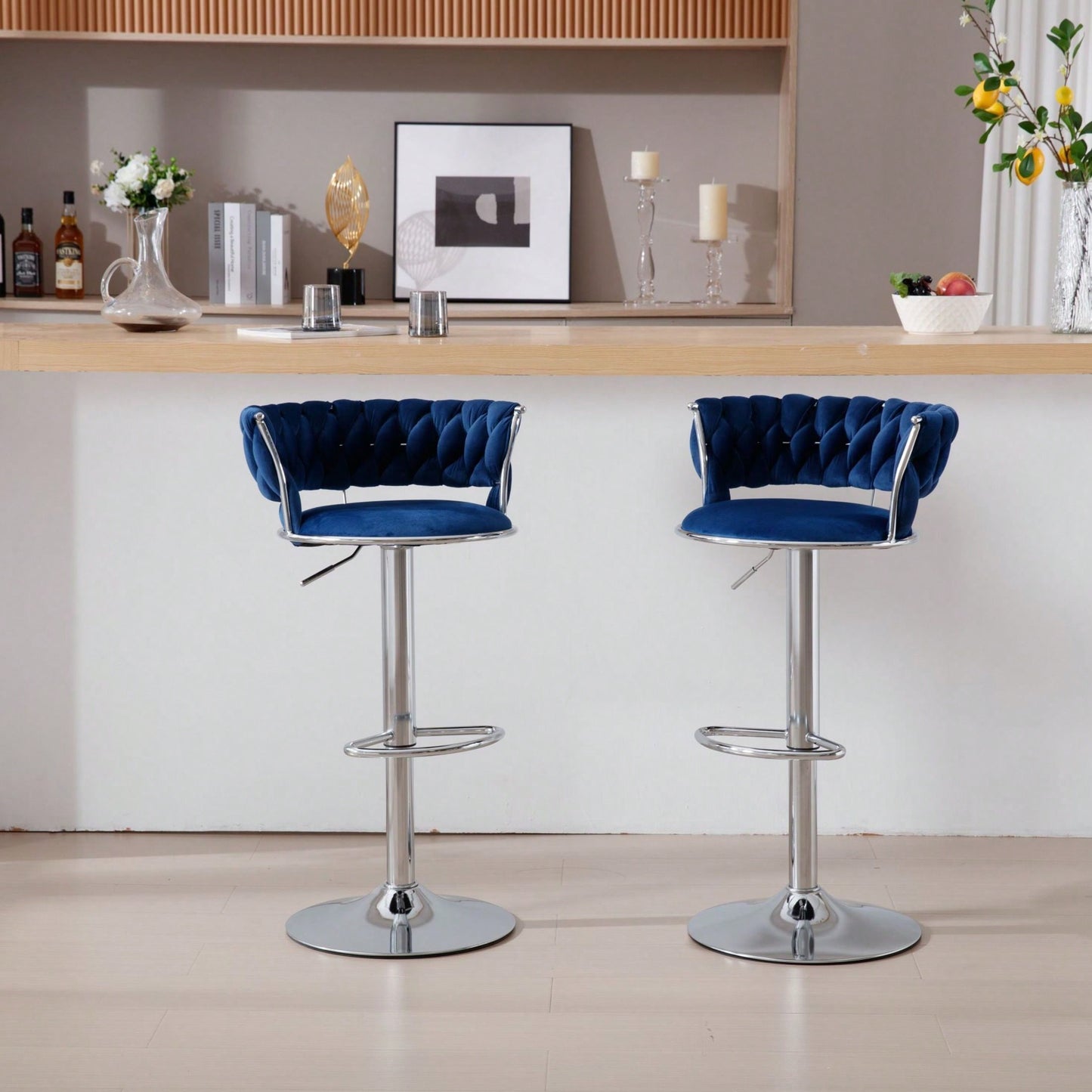 Set Of 2  Bar Stools,With Chrome Footrest And Base Swivel Height Adjustable Mechanical Lifting Velvet + Bar Stool