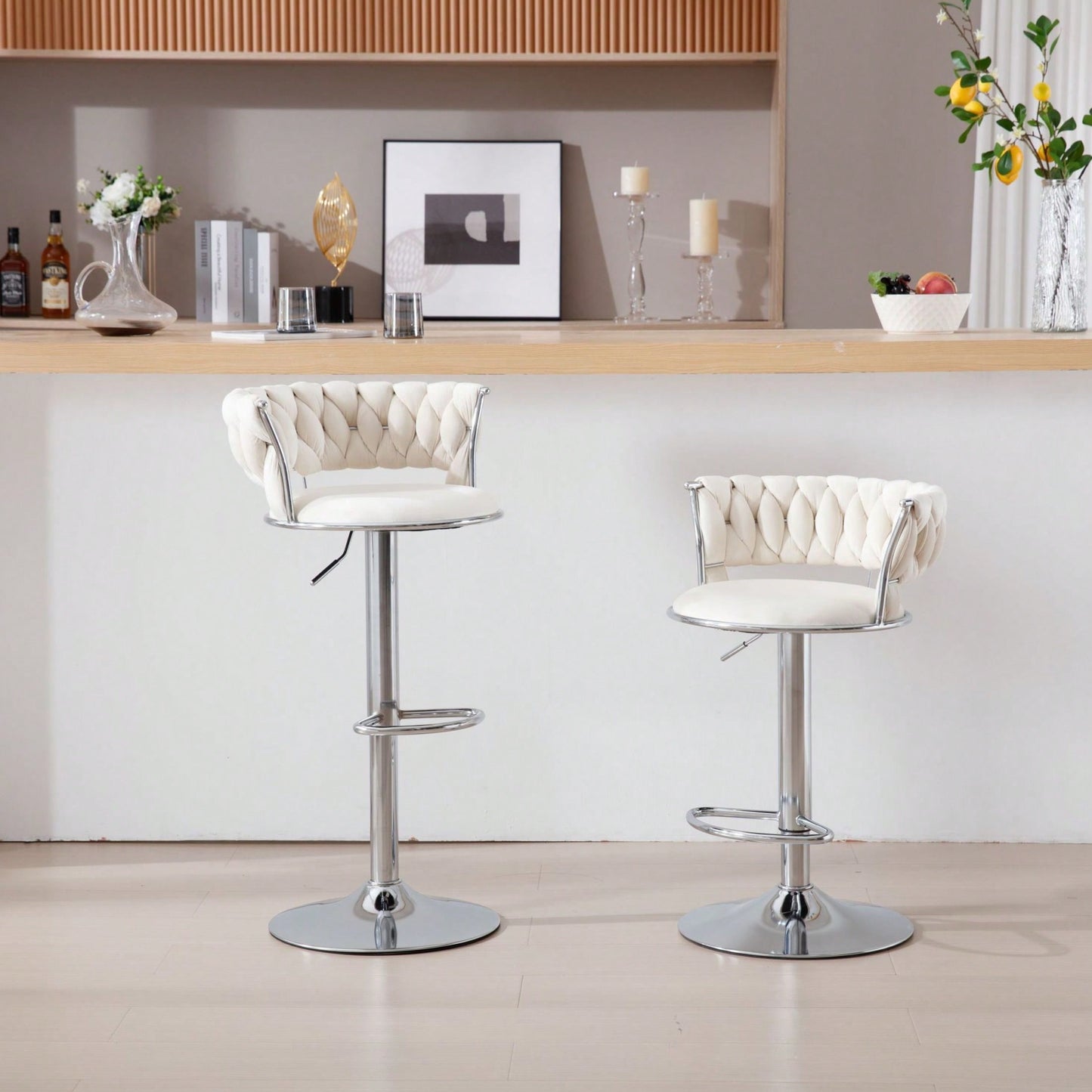 Set Of 2  Bar Stools,With Chrome Footrest And Base Swivel Height Adjustable Mechanical Lifting Velvet + Bar Stool