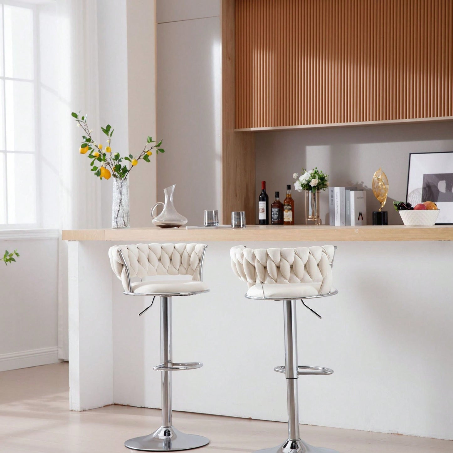 Set Of 2  Bar Stools,With Chrome Footrest And Base Swivel Height Adjustable Mechanical Lifting Velvet + Bar Stool