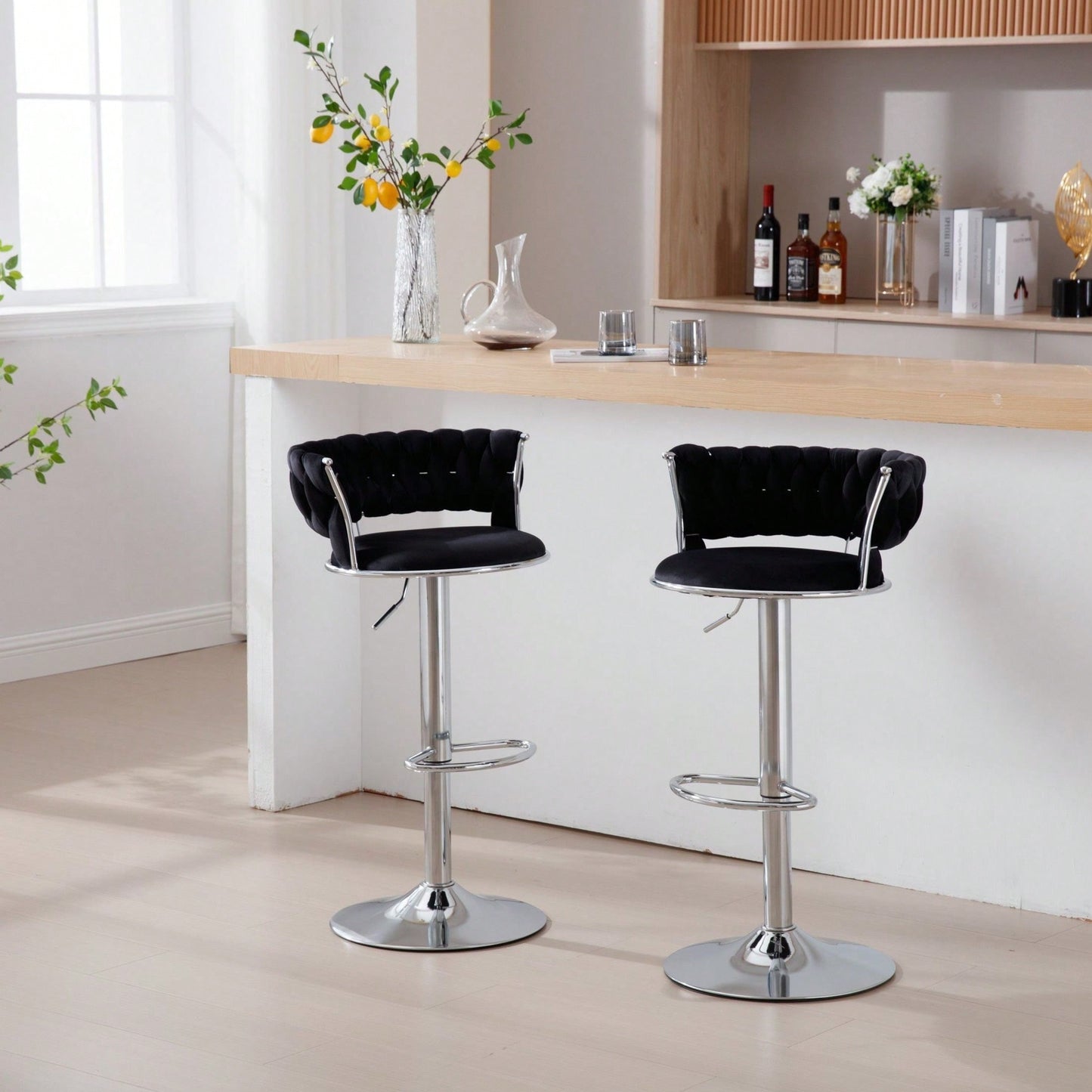 Set Of 2  Bar Stools,With Chrome Footrest And Base Swivel Height Adjustable Mechanical Lifting Velvet + Bar Stool