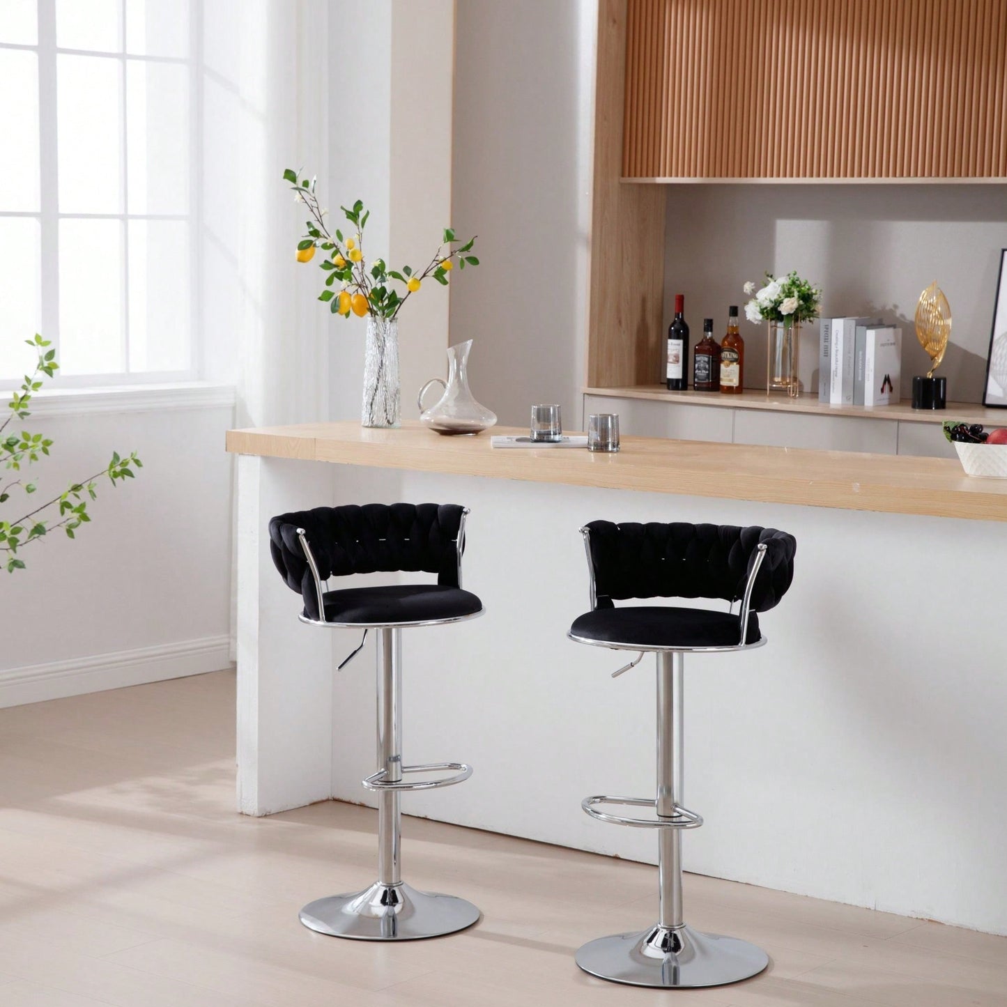 Set Of 2  Bar Stools,With Chrome Footrest And Base Swivel Height Adjustable Mechanical Lifting Velvet + Bar Stool