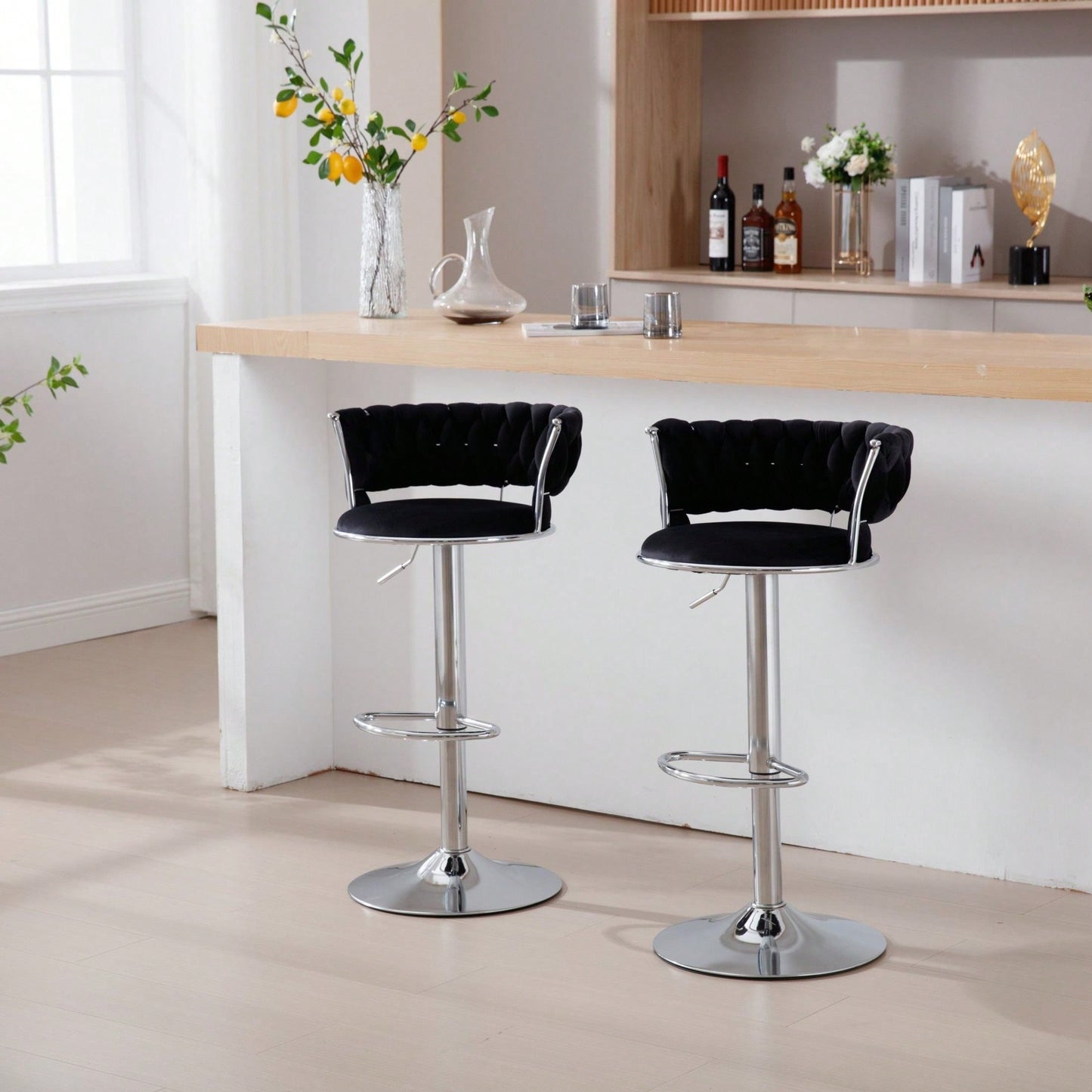 Set Of 2  Bar Stools,With Chrome Footrest And Base Swivel Height Adjustable Mechanical Lifting Velvet + Bar Stool