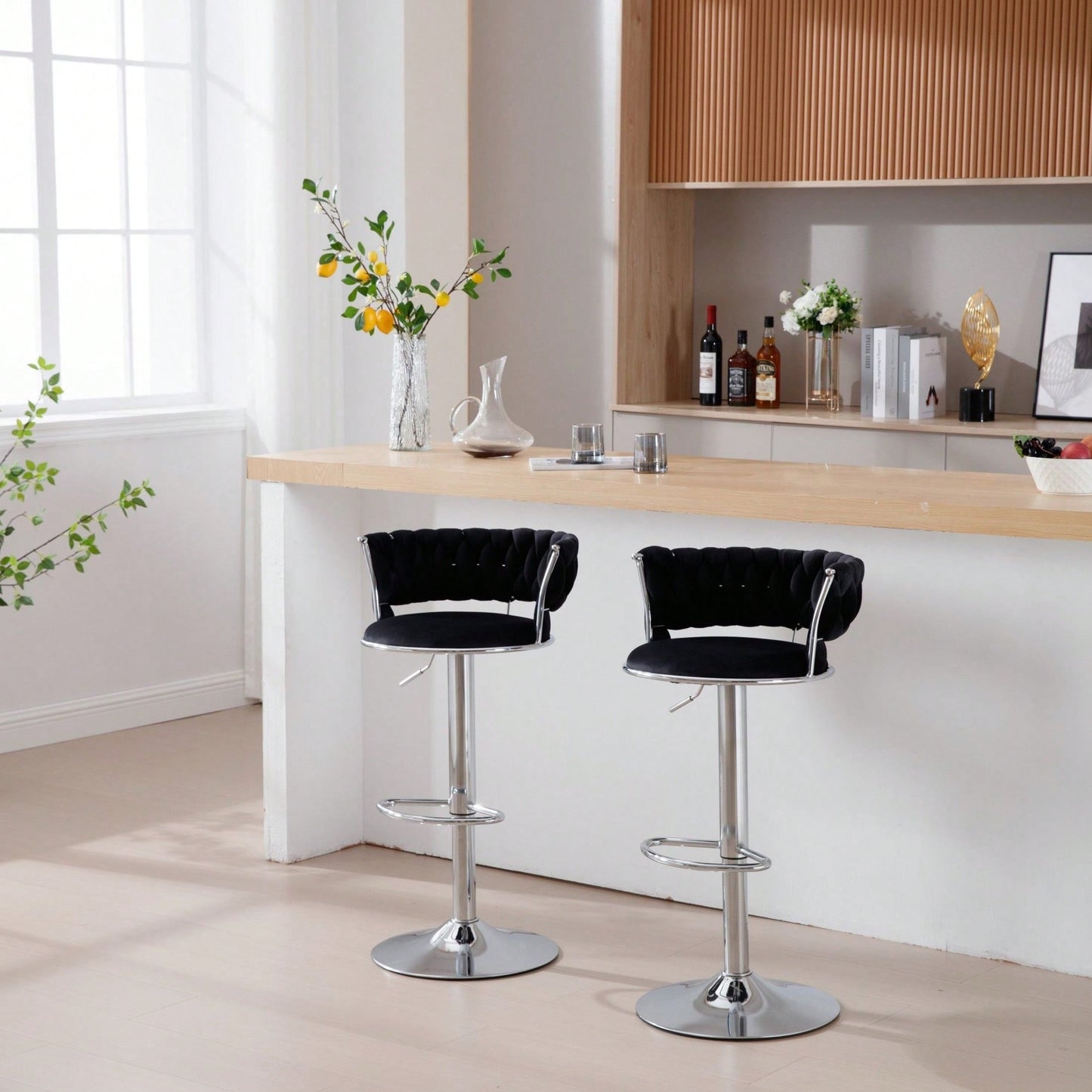 Set Of 2  Bar Stools,With Chrome Footrest And Base Swivel Height Adjustable Mechanical Lifting Velvet + Bar Stool