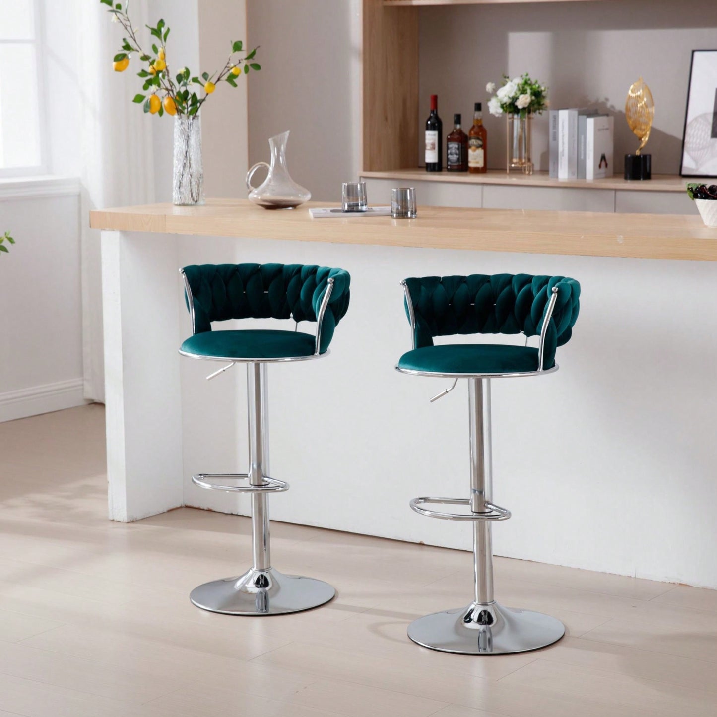 Set Of 2  Bar Stools,With Chrome Footrest And Base Swivel Height Adjustable Mechanical Lifting Velvet + Bar Stool