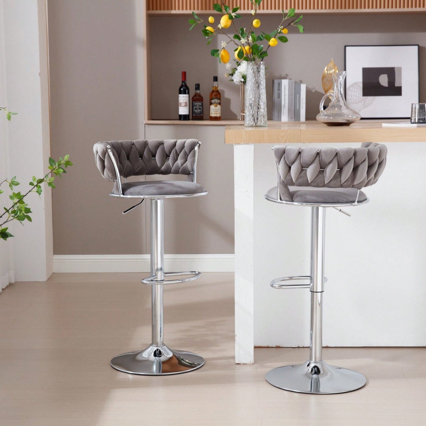 Set Of 2  Bar Stools,With Chrome Footrest And Base Swivel Height Adjustable Mechanical Lifting Velvet + Bar Stool