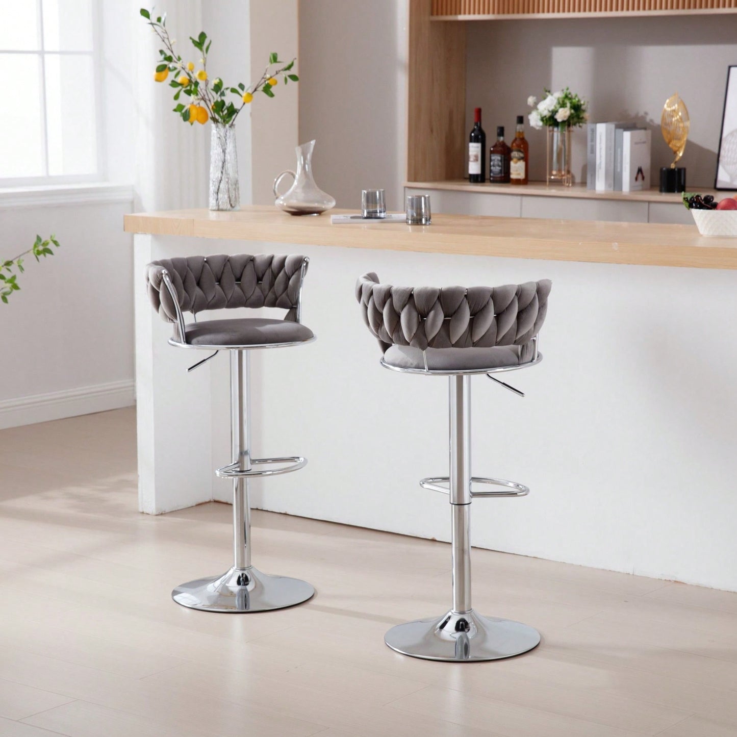 Set Of 2  Bar Stools,With Chrome Footrest And Base Swivel Height Adjustable Mechanical Lifting Velvet + Bar Stool