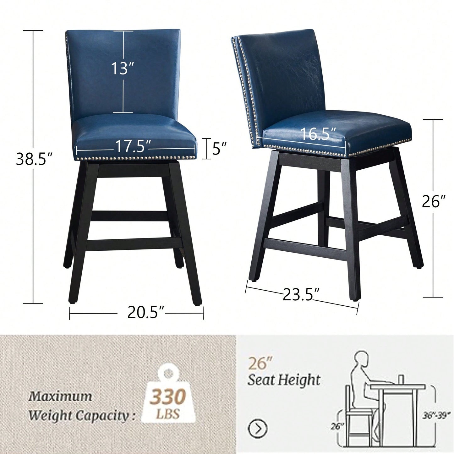 26" Upholstered Swivel Bar Stools Set Of 2, Modern PU Leather High Back Counter Stools With Nail Head Design And Wood Frame