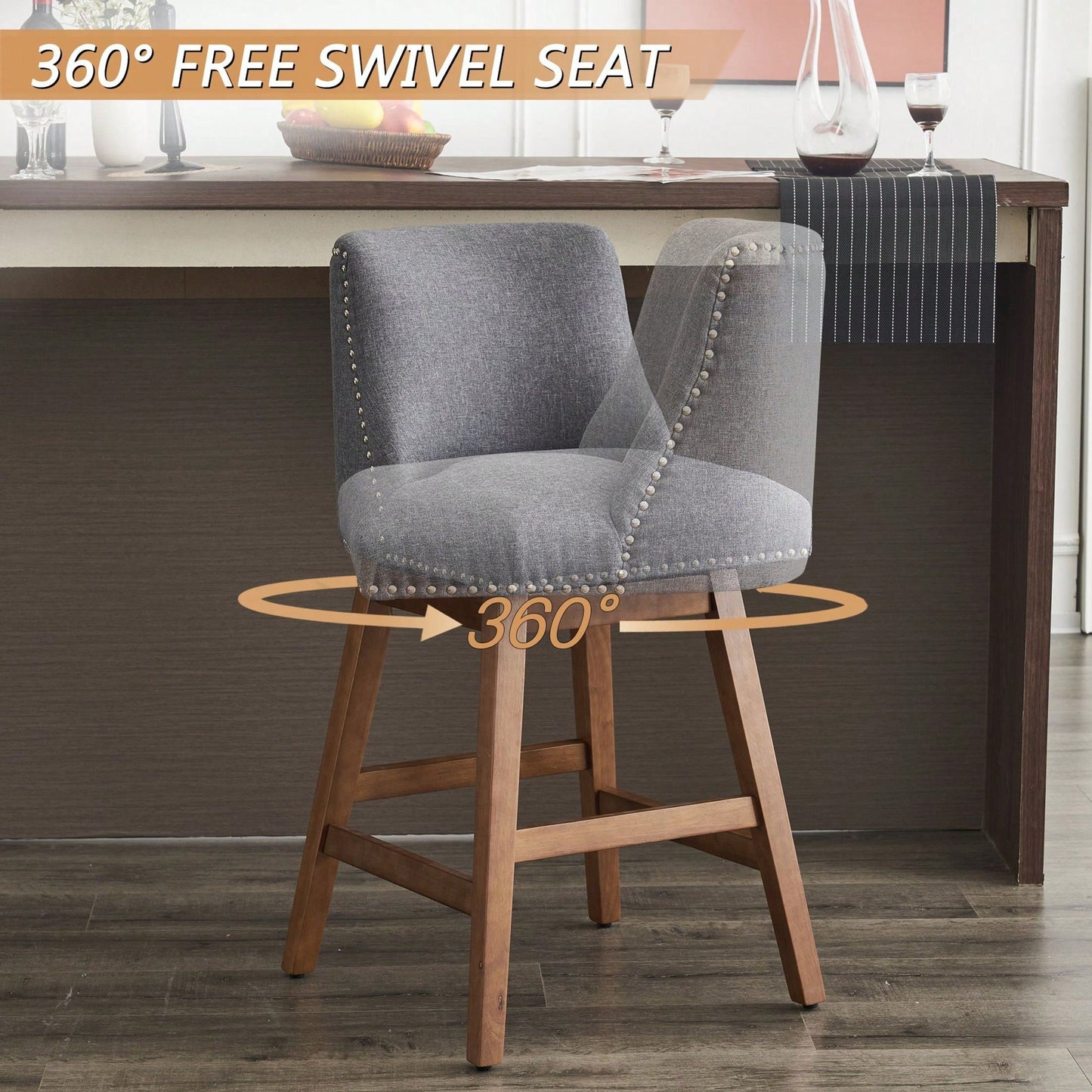 26" Upholstered Swivel Bar Stools Set Of 2, Modern Linen Fabric High Back Counter Stools With Nail Head Design And Wood Frame