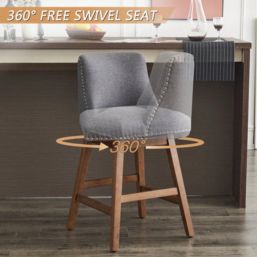 26" Upholstered Swivel Bar Stools Set Of 2, Modern Linen Fabric High Back Counter Stools With Nail Head Design And Wood Frame