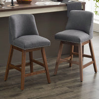 26" Upholstered Swivel Bar Stools Set Of 2, Modern Linen Fabric High Back Counter Stools With Nail Head Design And Wood Frame