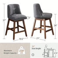 26" Upholstered Swivel Bar Stools Set Of 2, Modern Linen Fabric High Back Counter Stools With Nail Head Design And Wood Frame