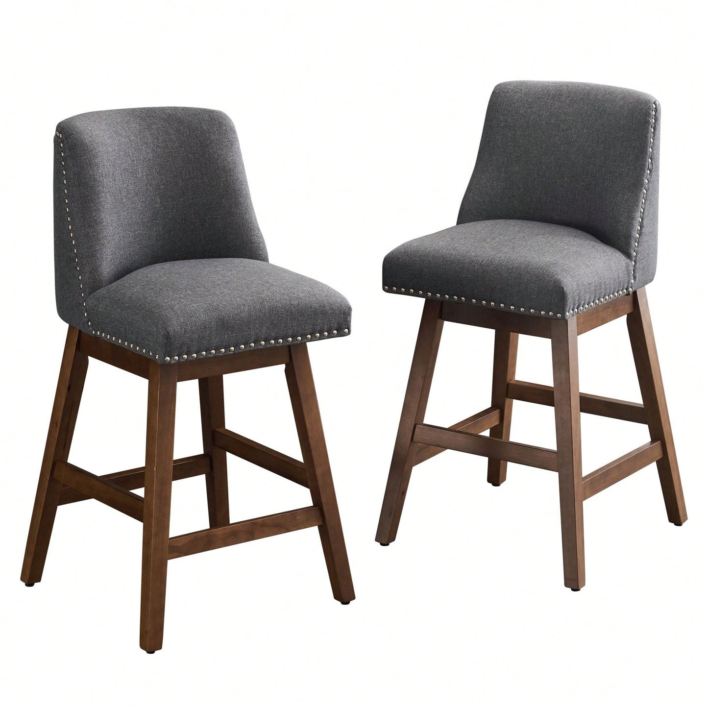 26" Upholstered Swivel Bar Stools Set Of 2, Modern Linen Fabric High Back Counter Stools With Nail Head Design And Wood Frame