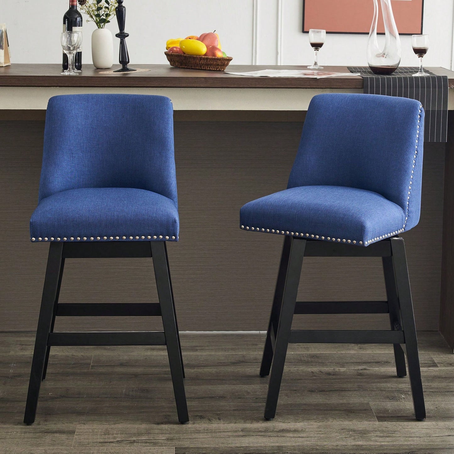 26" Upholstered Swivel Bar Stools Set Of 2, Modern Linen Fabric High Back Counter Stools With Nail Head Design And Wood Frame