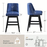 26" Upholstered Swivel Bar Stools Set Of 2, Modern Linen Fabric High Back Counter Stools With Nail Head Design And Wood Frame