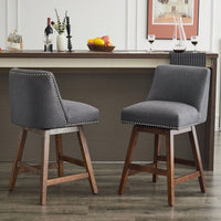 26" Upholstered Swivel Bar Stools Set Of 2, Modern Linen Fabric High Back Counter Stools With Nail Head Design And Wood Frame